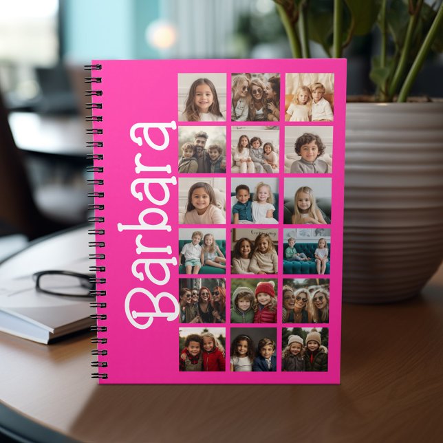 18 Fotokollage - stort anpassat namn - Shock rosa Anteckningsbok (Personalized notebook with photos and text)