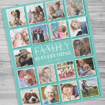 18 Photo Collage Family Namn Teal Fleecefilt<br><div class="desc">Personlig bild-filt med trendig teal bakgrund som kan ändras till vilken färg som helst,  18 kvadratkvadratfoto som helst bild ramar,  citatet "familj är allt",  ditt efternamn och det år som har fastställts.</div>