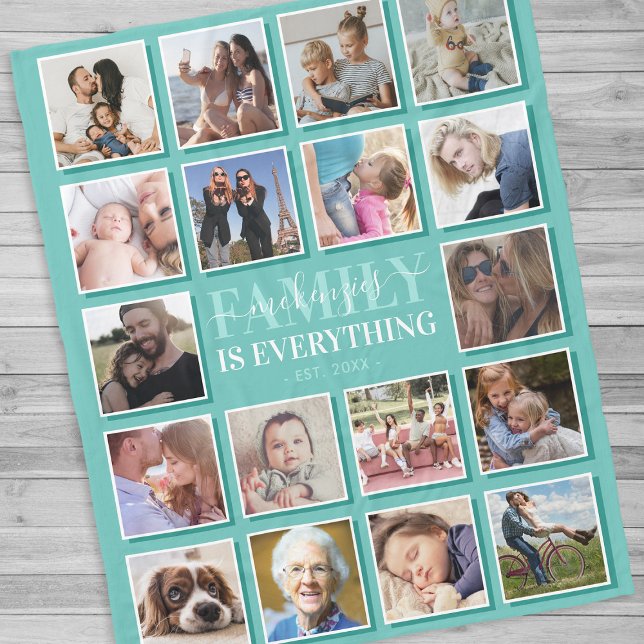 18 Photo Collage Family Namn Teal Fleecefilt (Skapare uppladdad)