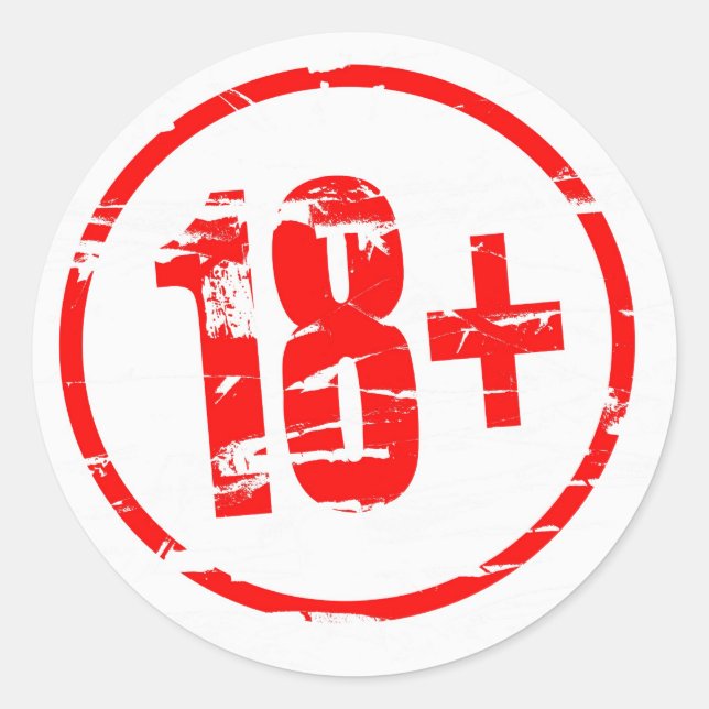 18+ rödgummi frimärke, effekt runt klistermärke (Framsida)