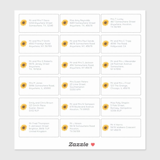 18 Solrosblomma i Namn Bröllop Klistermärken (Ark)