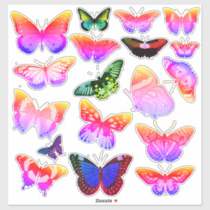 18 Vintage Art Butterflies, Rainbow, Lila, Grönt Klistermärken