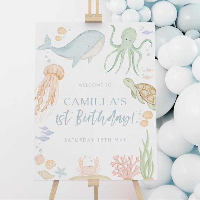 18 x 24-tums välkomstskylt i havet poster (Oneder the Sea | Matching items available for your little ones sea themed 1st birthday party)