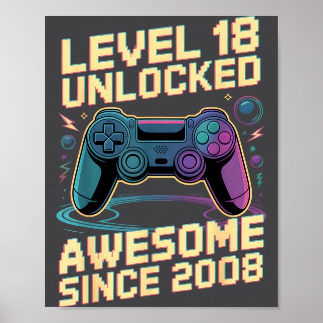 18th Birthday Boy Gift Level 18 Gamer 2008 18 Year Poster (Framsidan)
