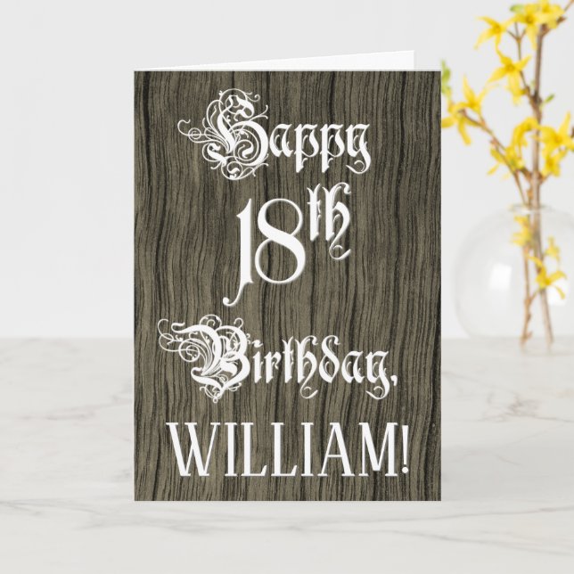 18th Birthday: Fancy, Elegant Text; Faux Wood Look Kort (Gul blomma)