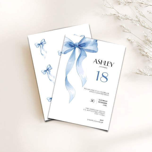 18th Birthday Invitation Blue Bow for Girls Inbjudningar (Blue bow coquette 18th birthday invitation for girls)