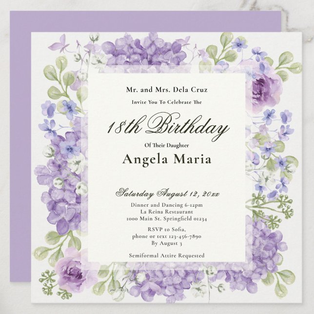 18th Birthday Invitation Elegant Purple Flowers Inbjudningar (Skapare uppladdad)