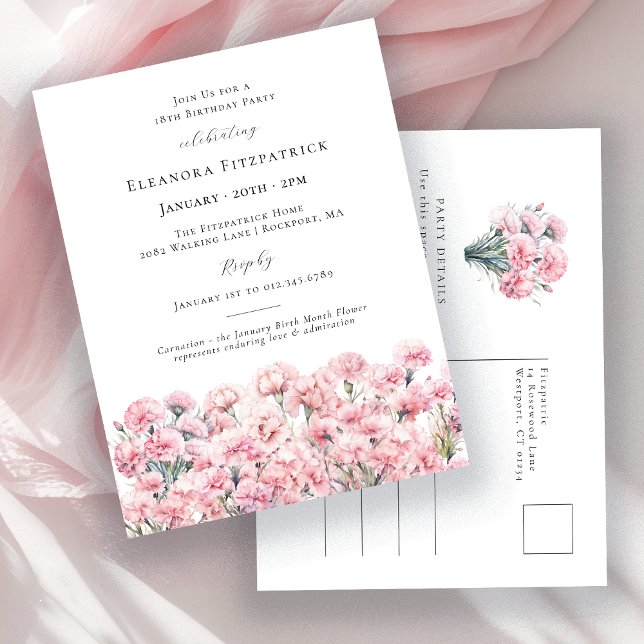 18th Birthday Pink Carnation January Birth Flower Inbjudan Vykort (Skapare uppladdad)