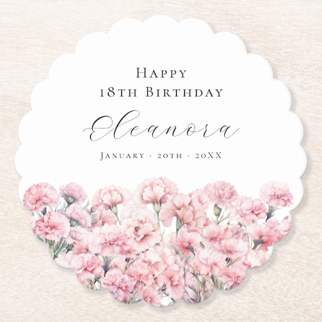 18th Birthday Pink Carnation January Birth Flower Underlägg Papper (Framsida)