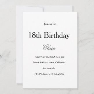 18th birthday simple name minimal black white  inbjudningar