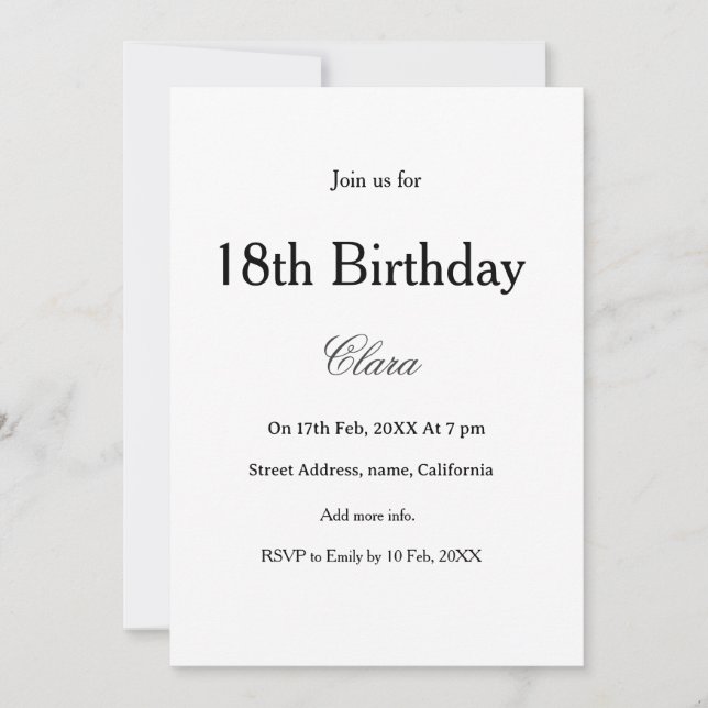 18th birthday simple name minimal black white  inbjudningar (Framsida)