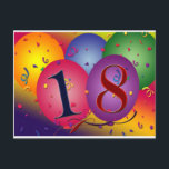 18th födelsedag för lycklig! vykort<br><div class="desc">Stora färgrika ballonger med konfettiar och regnbågen färgade bakgrund med 18 i ballongerna.  Den perfekta designen för din 18th födelsedagsfest favoriserar/brevskickanden.</div>