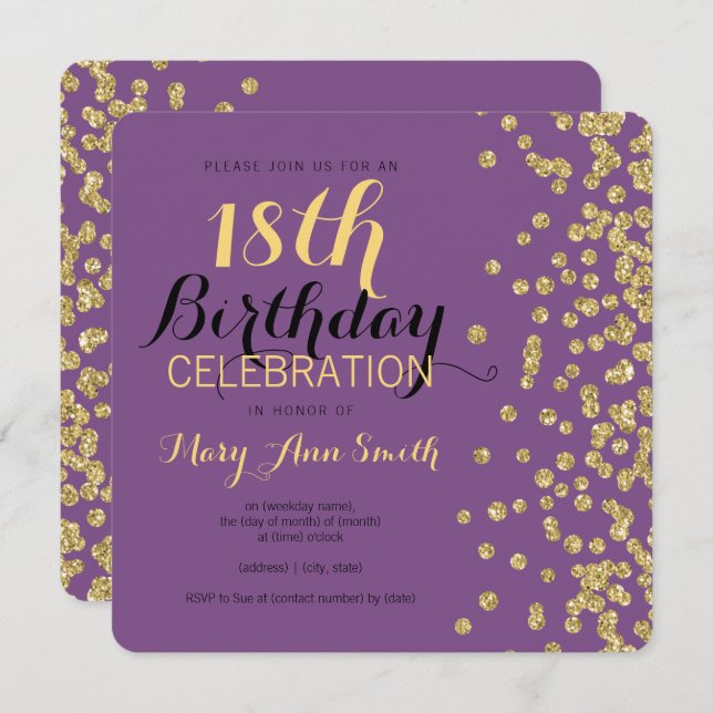 18th För Fauxglitter för födelsedag guld- lilor Inbjudningar (Fram/baksida)