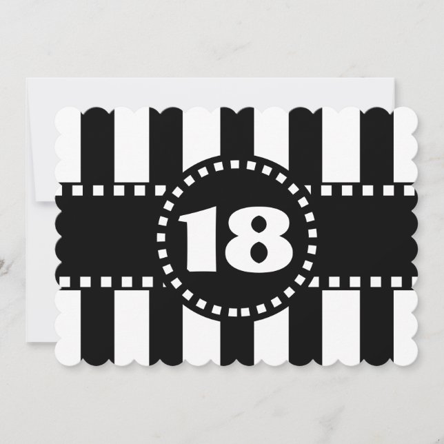 18th Svartvita randar W18A för födelsedagsfest Inbjudningar (Framsida)