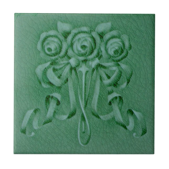 1900 Boote Rosor Grönt Faux Relief Reproduction Kakelplatta (Framsidan)