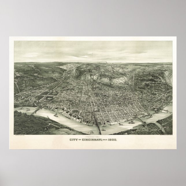 1900 Cincinnati, OH Birds Öga View Panoramic Karta Poster (Framsidan)