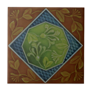 1900 Majolica Honeysuckle Blommigt Repro Faux Reli Kakelplatta