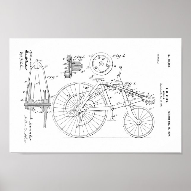 1900-Vintage Bicycle US Patent Art Print Poster (Framsidan)