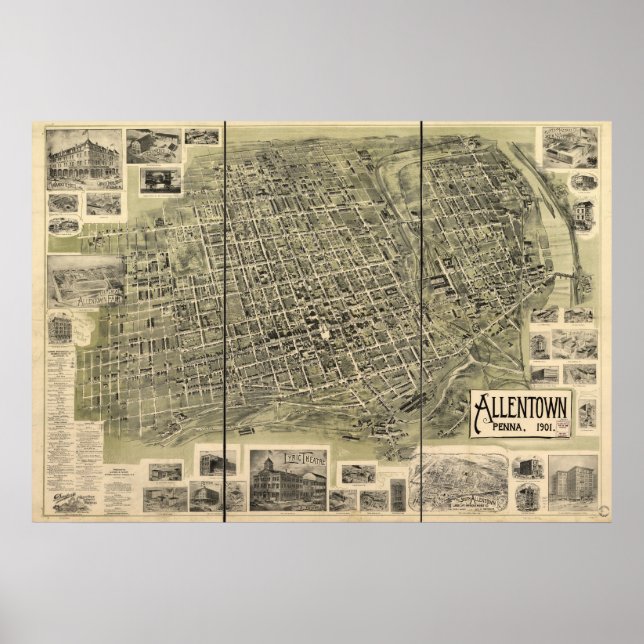 1901 Allentown, PA Birds Öga View Panoramic Karta Poster (Framsidan)