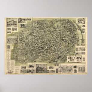 1901 Allentown, PA-fågelöga beskådar den panorama- Poster