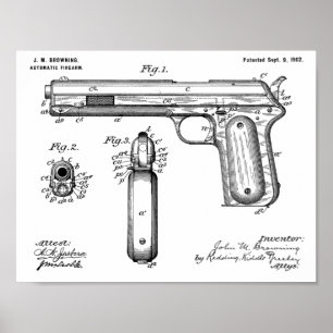 1902 Browning Gun Patent Art Teckning Print Poster