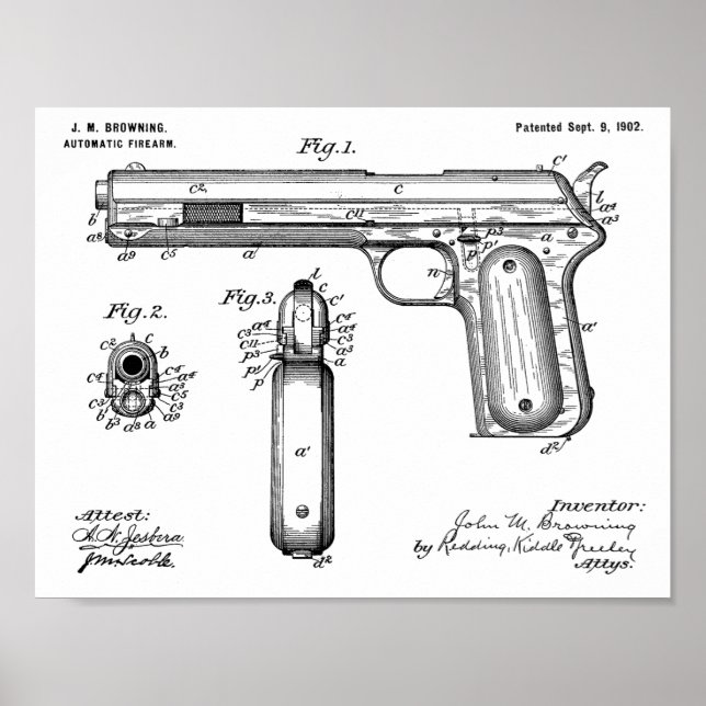 1902 Browning Gun Patent Art Teckning Print Poster (Framsidan)