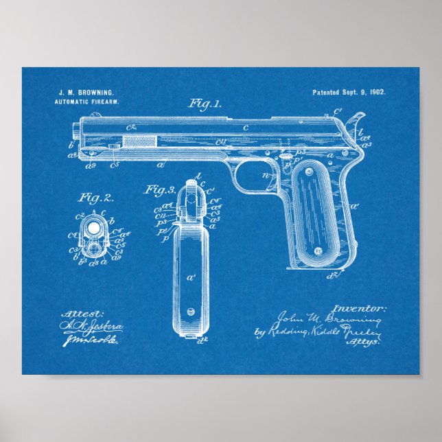1902 Browning Gun Patent Art Teckning Print Poster (Framsidan)
