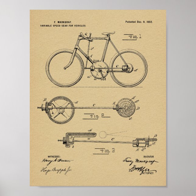 1902 Cykelväxel Patent Art Teckning Skriv ut Poster (Framsidan)