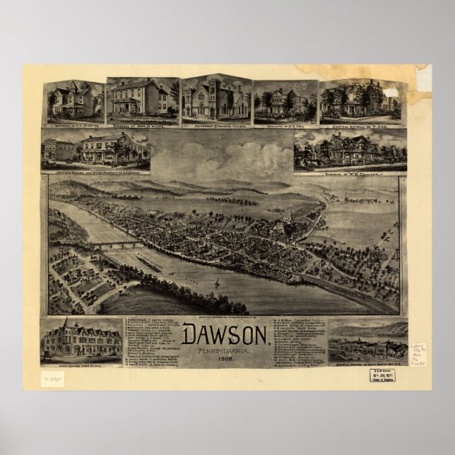 1902 Dawson, PA Birds Öga View Panoramic Karta Poster (Framsidan)