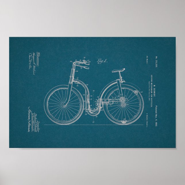 1902 Vintage Bicycle Patent Blueprint Art-utskrift Poster (Framsidan)