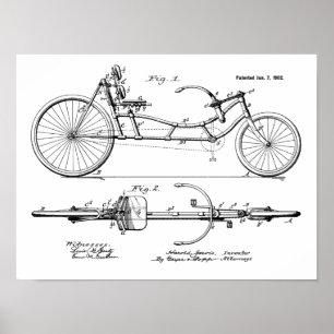 1902-Vintagens Recumbent Bicycle Patent Art-utskri Poster