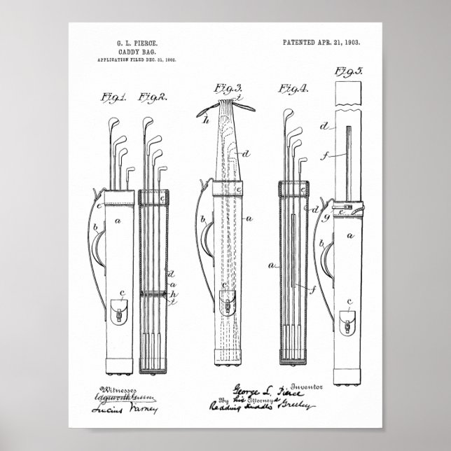 1903 Golf Klubb Caddy Bag Design Patent Art Print Poster (Framsidan)