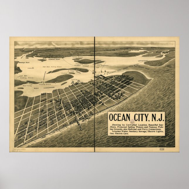 1903 Ocean City, NJ Birds Öga View Panoramic Karta Poster (Framsidan)