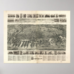 1904 Hoboken, NJ Birds Öga View Panoramic Karta Poster
