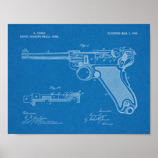 1904 Luger Gun Patent Art Teckning Skriv ut Poster (Framsidan)