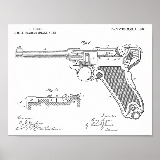 1904 Luger Gun Patent Art Teckning Skriv ut Poster (Framsidan)