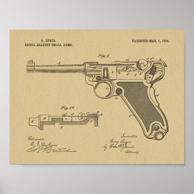 1904 Luger Gun Patent Art Teckning Skriv ut Poster (Framsidan)