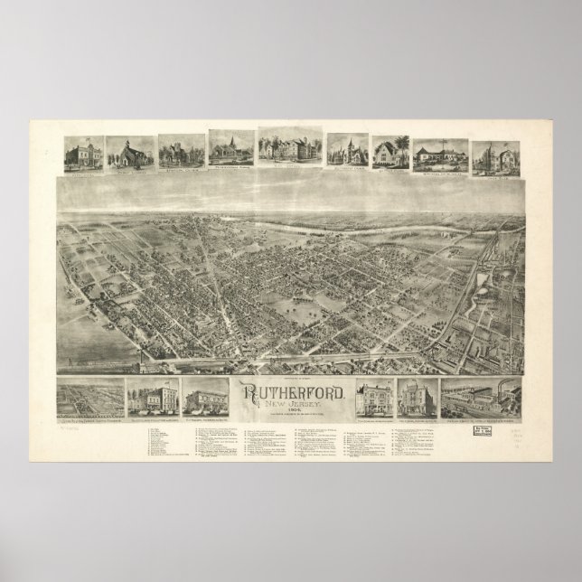 1904 Rutherford, NJ Birds Öga View Panoramic Karta Poster (Framsidan)