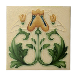 1905 Art nouveau T & R Boote Gult Blommigt Repro Kakelplatta
