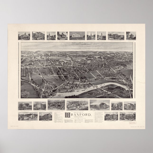 1905 Branford, CT Birds Öga View Panoramic Karta Poster (Framsidan)