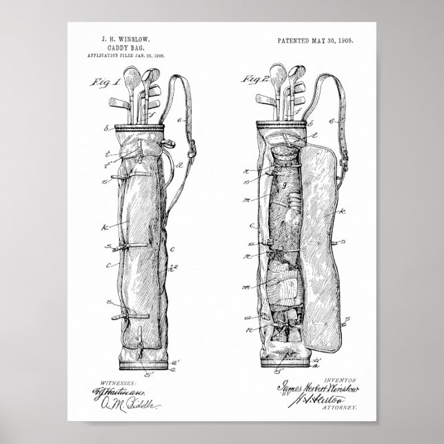 1905 Golf Klubb Caddy Bag Design Patent Art Print Poster (Framsidan)