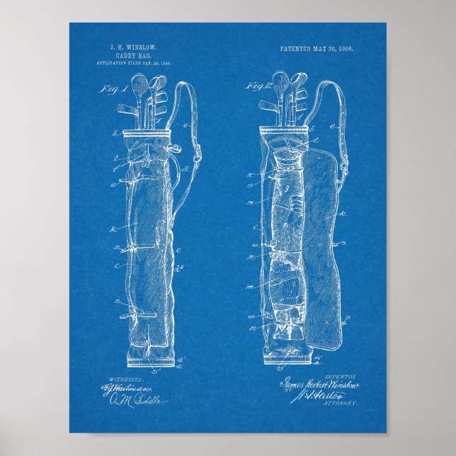 1905 Golf Klubb Caddy Bag Design Patent Art Print Poster (Framsidan)