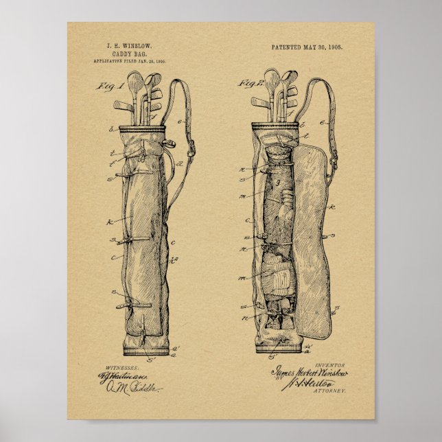 1905 Golf Klubb Caddy Bag Design Patent Art Print Poster (Framsidan)