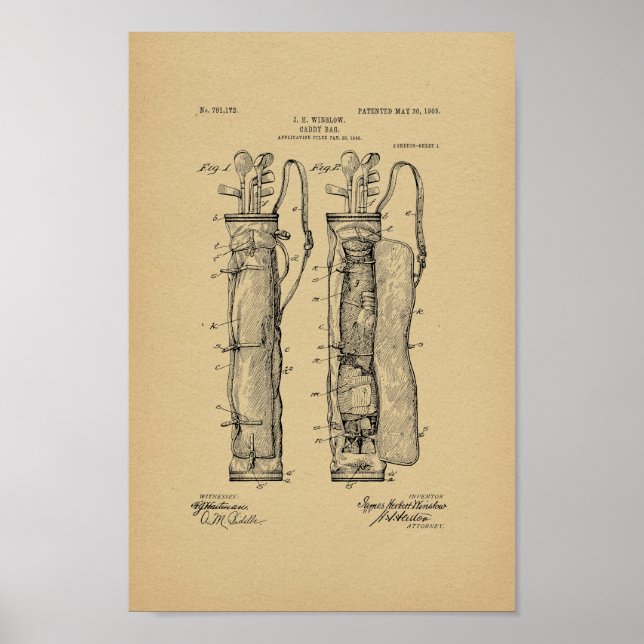 1905 Vintage Golf Caddy Bag Patent Art Print Poster (Framsidan)