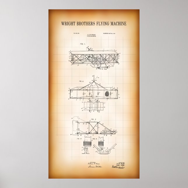 1906 PATENT TECKNING WRIGHT BROS FLYING MASKIN POSTER (Framsidan)