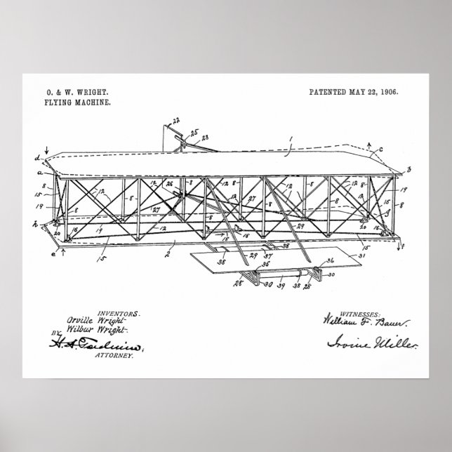 1906 Wright Brothers Airplan Patent Teckning Skriv Poster (Framsidan)