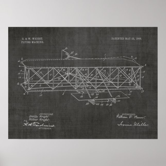 1906 Wright Brothers Flygplanspatent Art Teckning Poster (Framsidan)