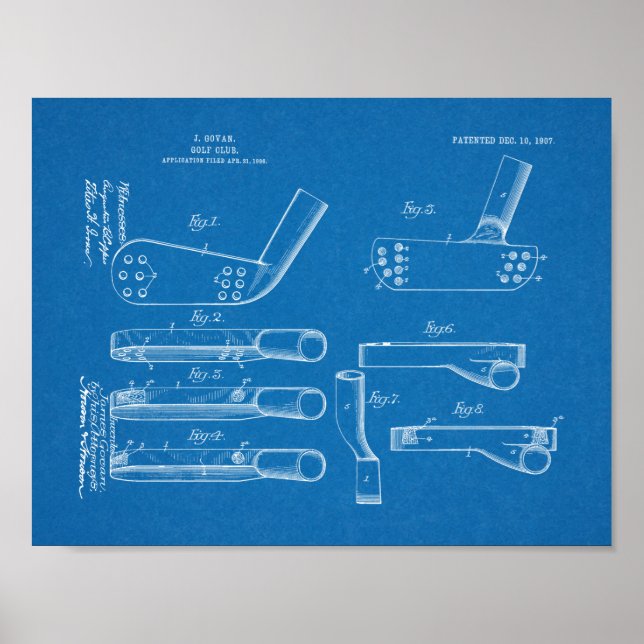1907 Golf Klubb Head Patent Art Teckning Print Poster (Framsidan)