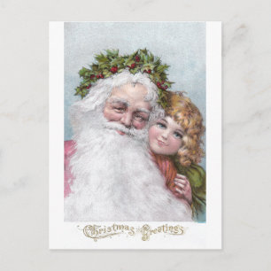 1907 Santa with Holly Crown and Girl Helg Vykort