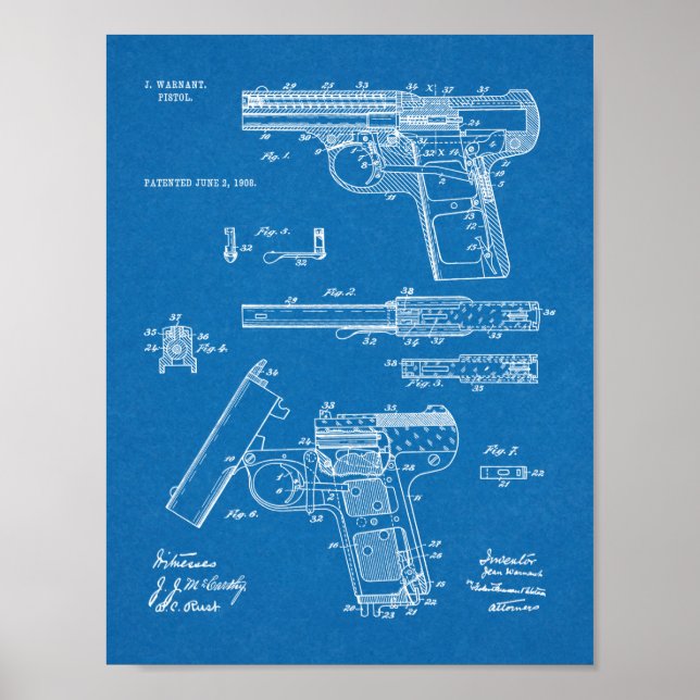 1908 Gun Warnant Patent Art Teckning Skriv ut Poster (Framsidan)